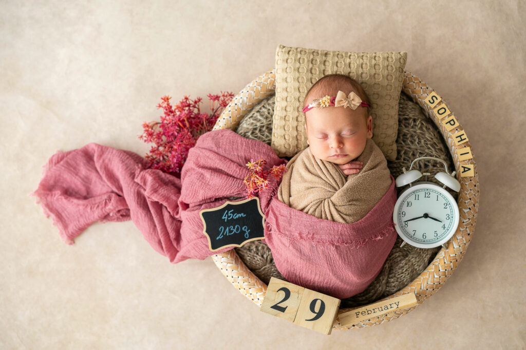 Babyfotografin Weiz, Gleisdorf und Hartberg, Baby in Korbschale