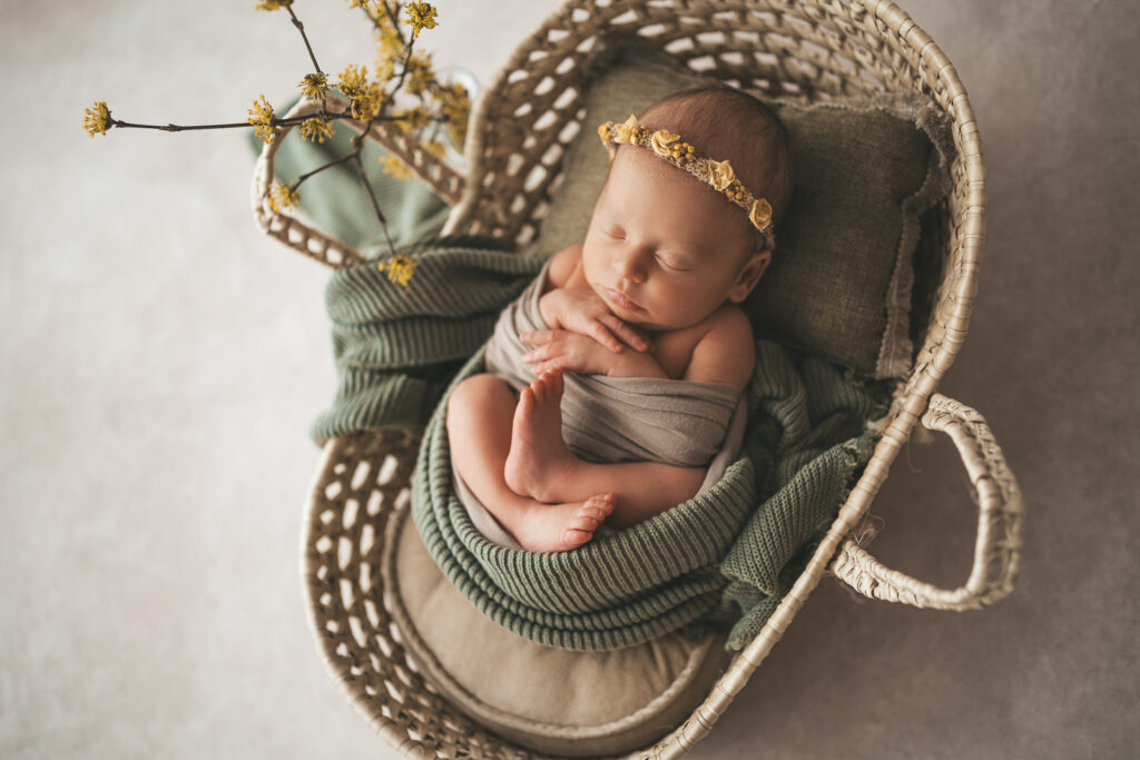 Babyfotografin Weiz, Gleisdorf und Hartberg, Baby in Korbschale